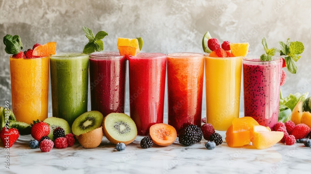Fruit smoothies in glasses, fresh organic fruits and berries on a marble table. a healthy lifestyle Fruit smoothies in glasses, fresh organic fruits and berries on a marble table. a healthy lifestyle