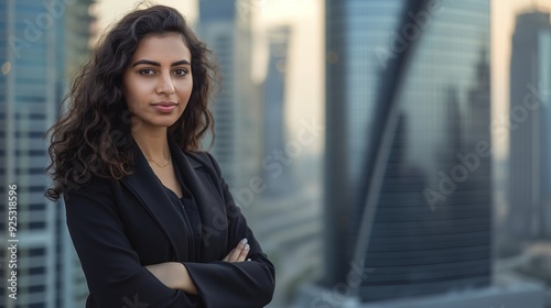 A confident woman dressed in a black suit stands with arms crossed in front of a modern city skyline under a clear sky, exuding professionalism.