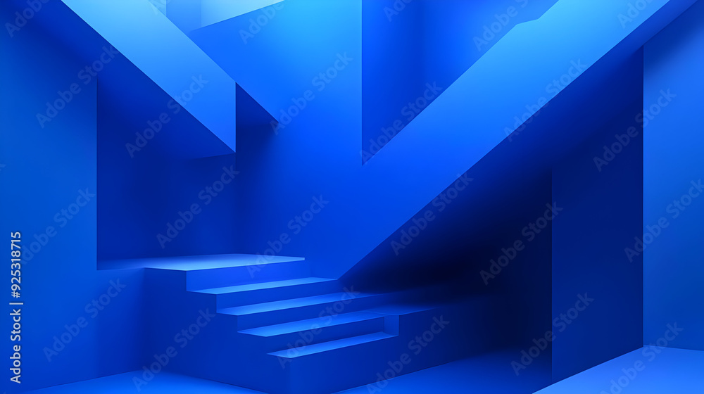 A minimalist blue interior featuring geometric shapes and stairs. A minimalist blue interior featuring geometric shapes and stairs.