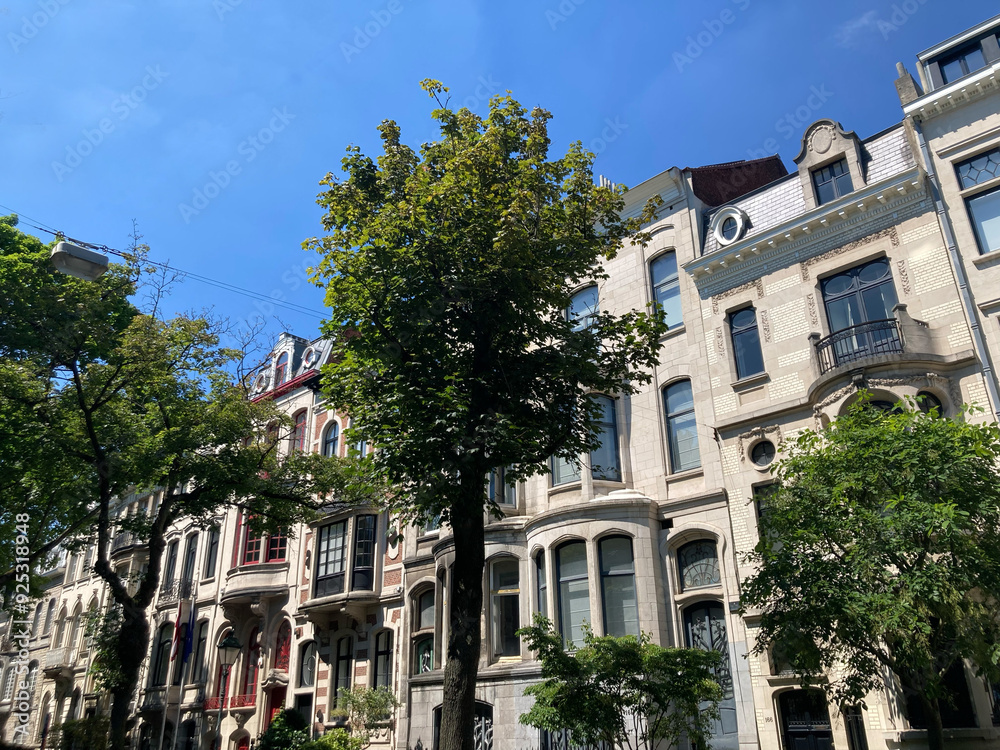 Prachtvolle Altbaufassaden einer begrünte Straße in Ixelles, Brüssel, Belgien