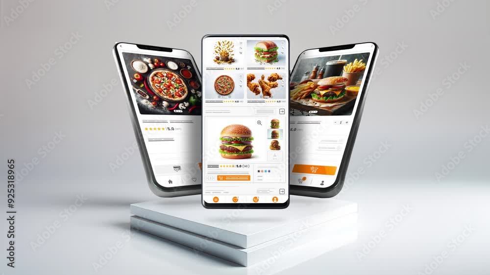 Fast food, burgers and pizza. Application mockup responsive design on 3 different phones.