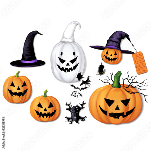 Halloween symbols: pumpkins, haunted house and bats, isolated background photo