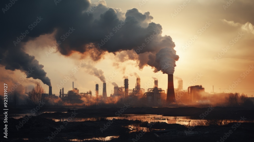 Industrial brown coal power plant chimney smokestack emission. Neural network ai generated art Industrial brown coal power plant chimney smokestack emission. Neural network ai generated art