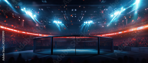 A stadium full of people watching a mixed martial arts fight.