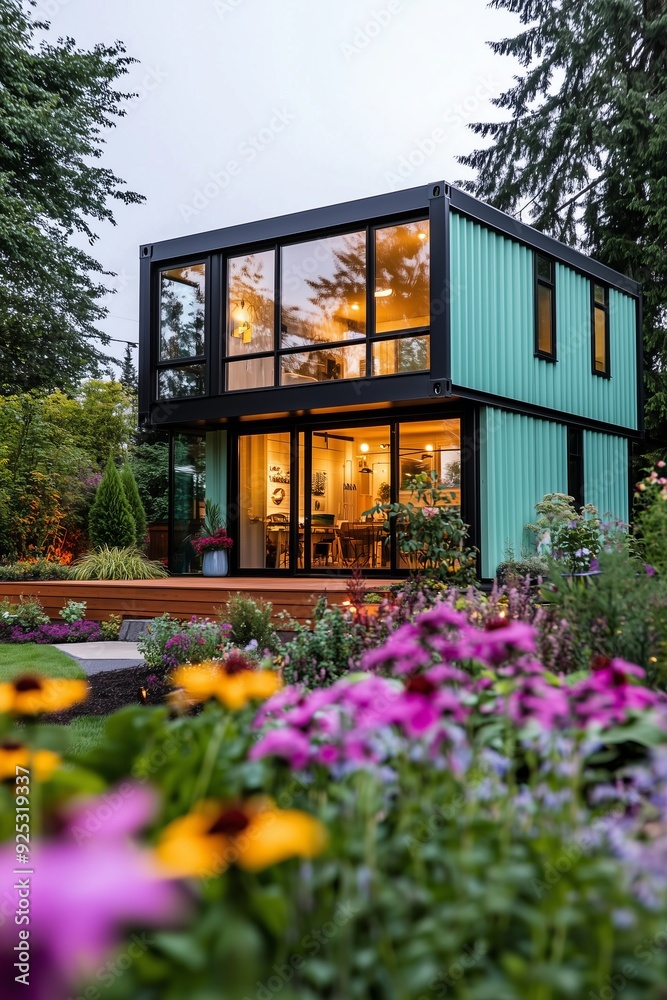 Fototapeta premium modern two story shipping container house with a green exterior, featuring large windows and an open ground floor living space
