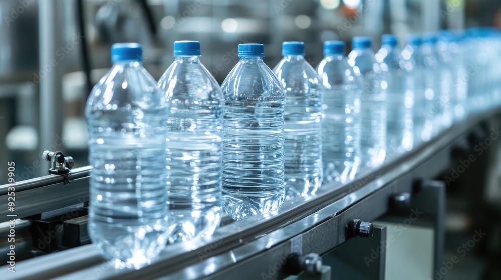 Drinking water business. Automated production line with drinking water bottles moving on a conveyor belt in a modern bottling factory