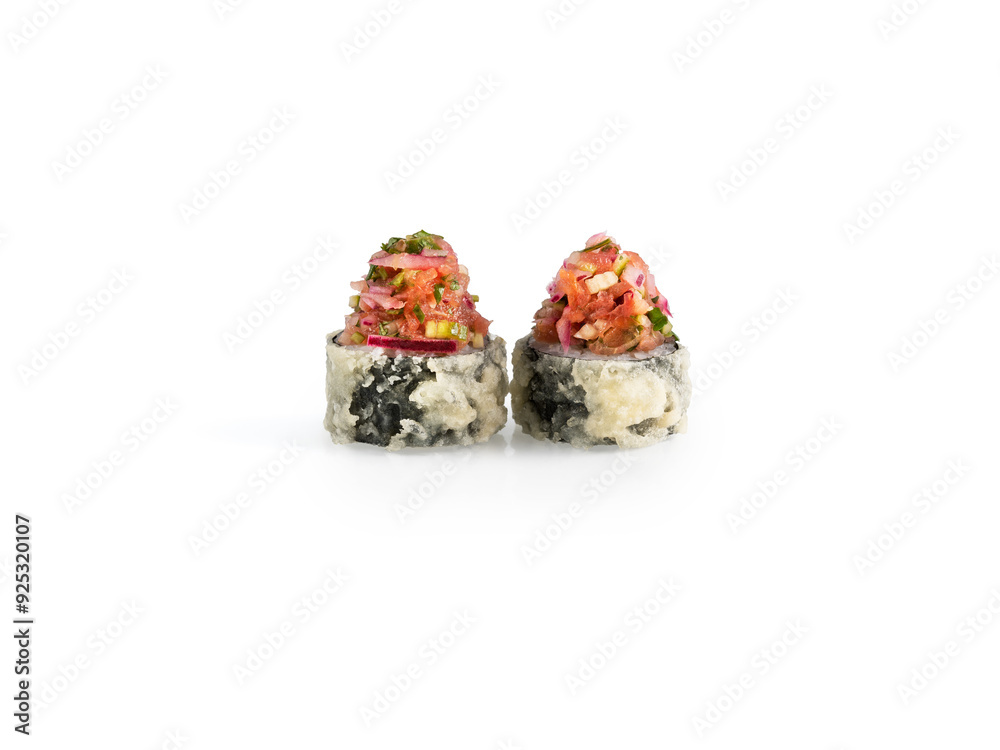 Two gourmet sushi pieces on a simple white background Two gourmet sushi pieces on a simple white background