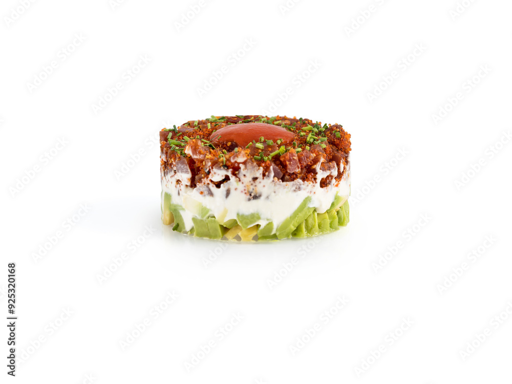 Elegant Tuna Tartar with Avocado, Cream, and Crispy Topping Elegant Tuna Tartar with Avocado, Cream, and Crispy Topping