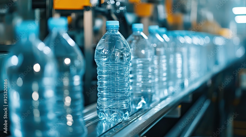 Drinking water business. Automated production line with drinking water bottles moving on a conveyor belt in a modern bottling factory Drinking water business. Automated production line with drinking water bottles moving on a conveyor belt in a modern bottling factory