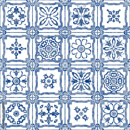 Patchwork seamless pattern of tiles with blue watercolor geometrical and floral ornaments 