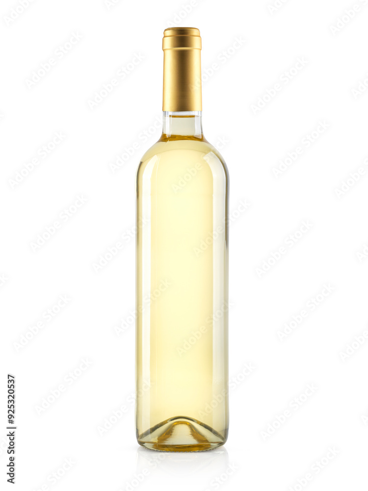 Single bottle of white wine with a golden cap on a white background Single bottle of white wine with a golden cap on a white background