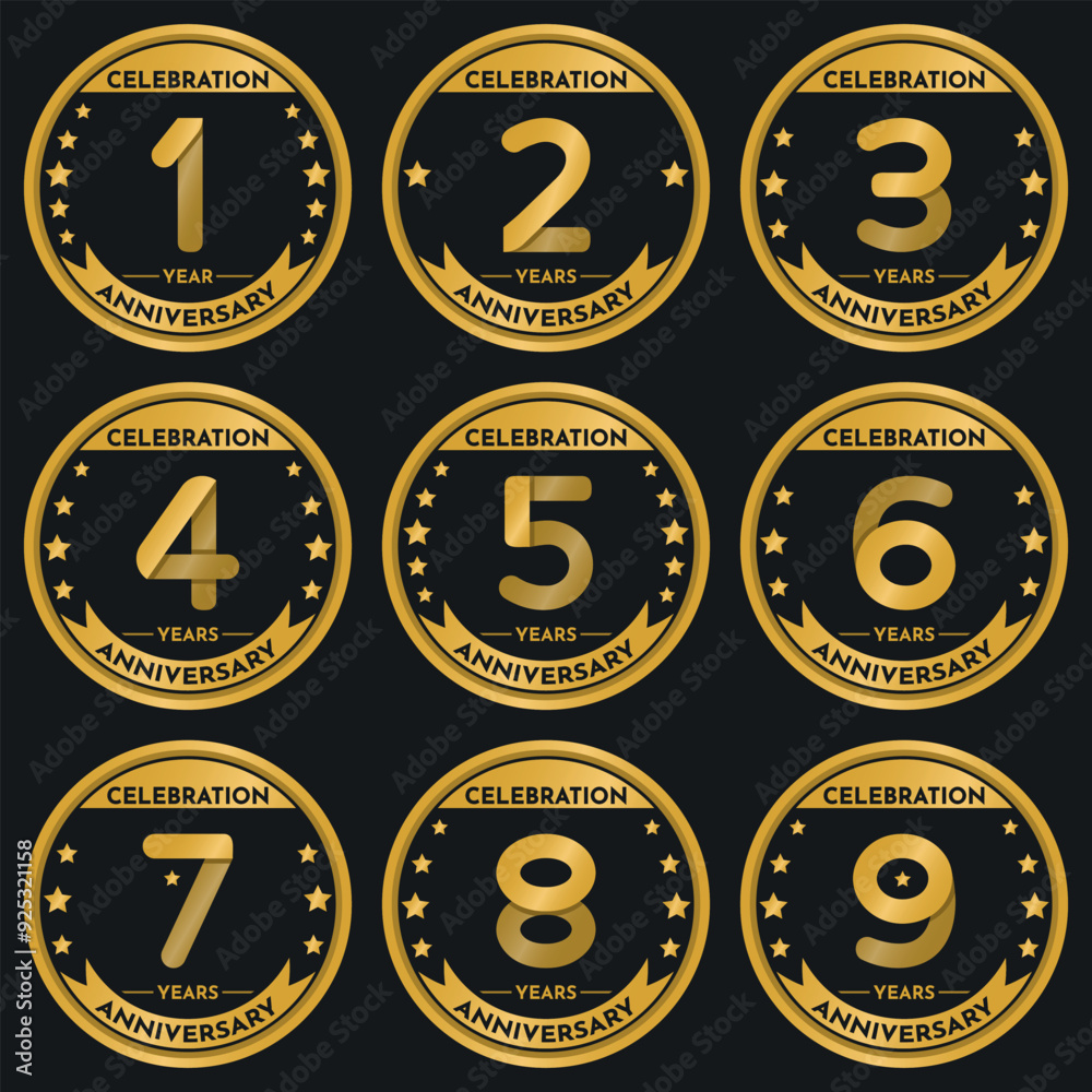 Celebration 1 to 9 Years Anniversary - Gold and Transparent Seals in Circular Shape Celebration 1 to 9 Years Anniversary - Gold and Transparent Seals in Circular Shape