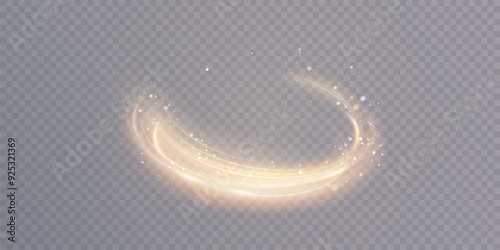 Spiral arc effect of bright glow in yellow-violet tones. Effect of shining magic lines twisted in space with flickering points of bright sparks.