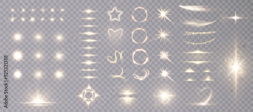 Set of lighting effects. Glowing isolated set of yellow transparent light effects, glare, explosion, sparkle, line, solar flare, spark and stars, curve. Sunlight, abstract special effect.