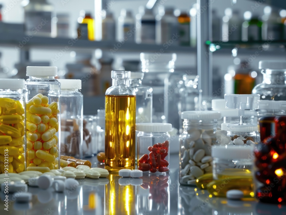 Close-up of a pharmacy counter with various medicines and supplements. Close-up of a pharmacy counter with various medicines and supplements.