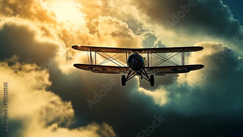 Vintage Biplane Flying Through Dramatic Clouds at Sunset