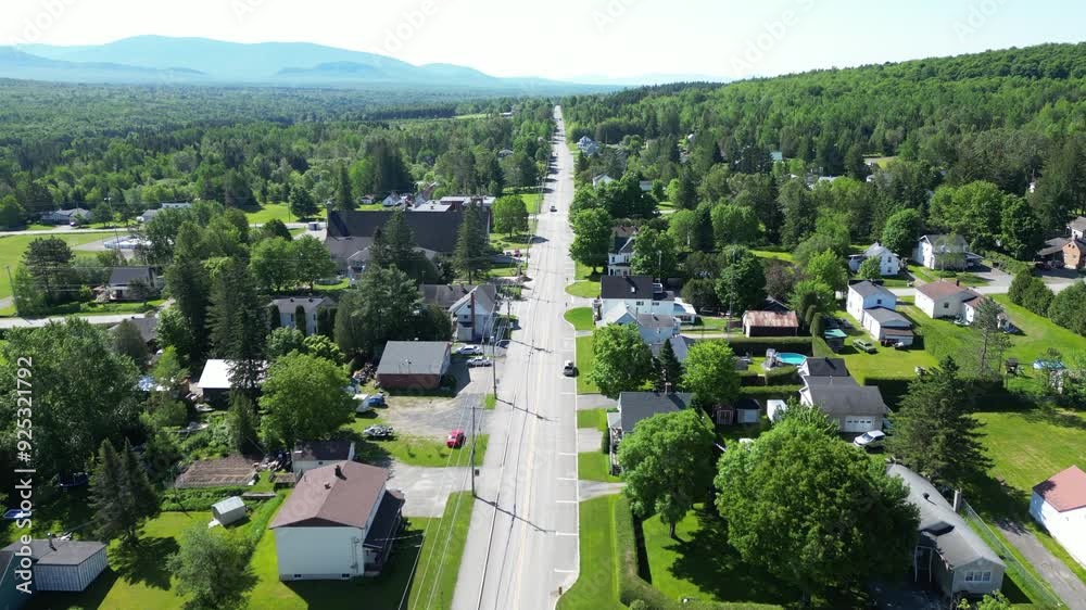 Drone shot over city of Scotstown Quebec Canada