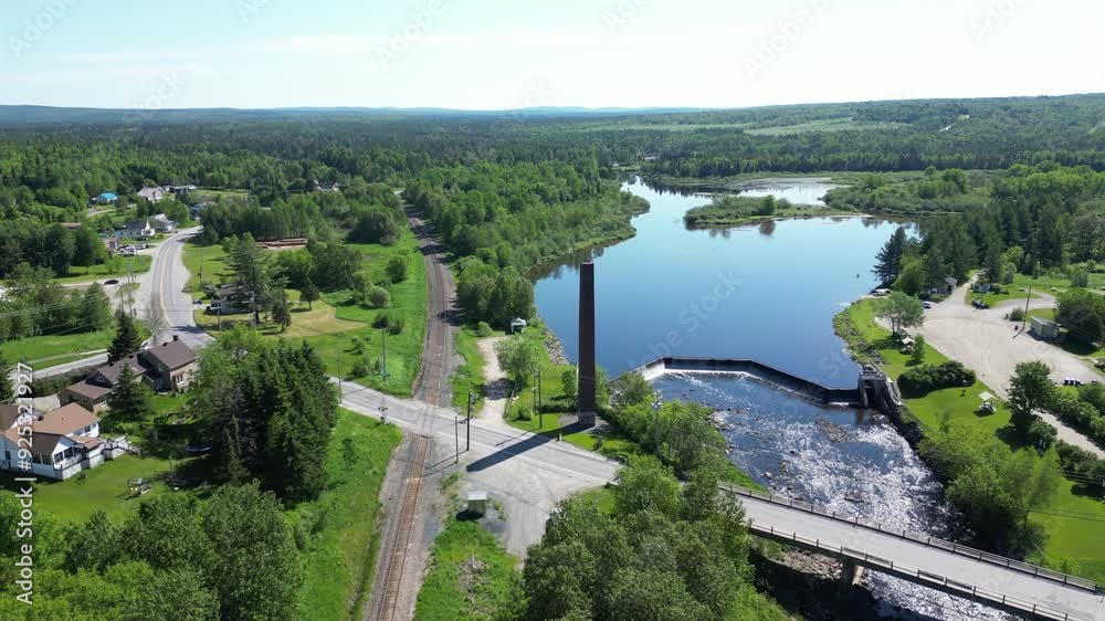 Drone shot over city of Scotstown Quebec Canada