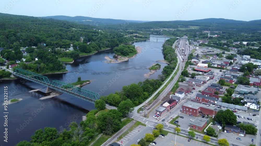 Drone shot over city of Richmond Quebec Canada