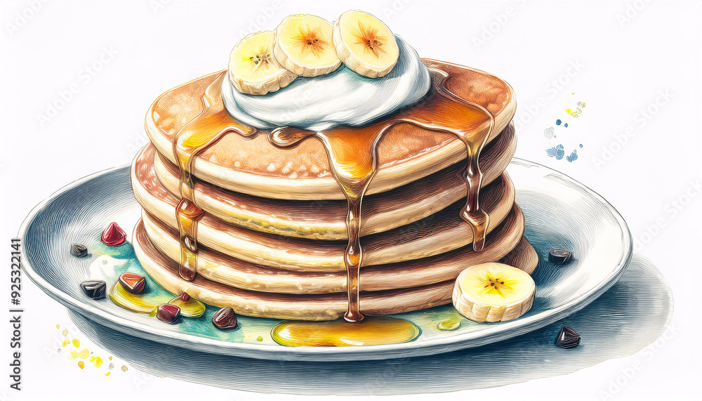 Stack of pancakes topped with bananas, berries, and syrup Stack of pancakes topped with bananas, berries, and syrup