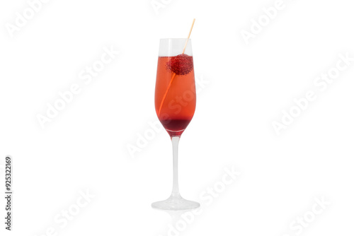 Elegant Kir Royale Cocktail with a Raspberry Garnish in a Champagne Flute on a White Background