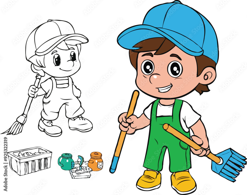 coloring page simple drawing of cartoon character clean up the house, coloring book coloring page simple drawing of cartoon character clean up the house, coloring book