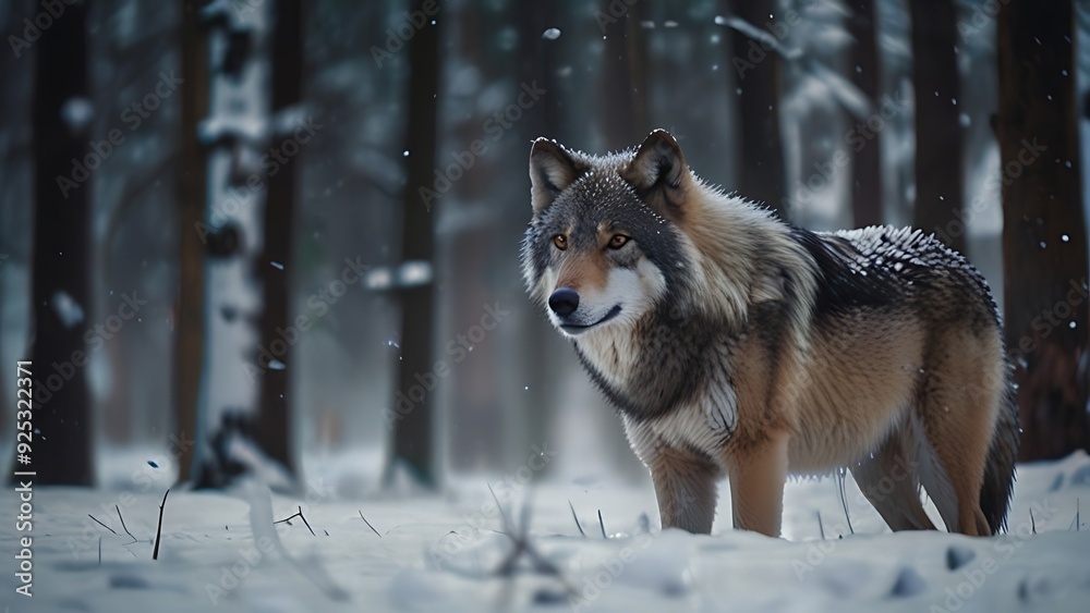 Gray wolf in a cold, snowy winter forest, capturing the wild beauty of the scene. Gray wolf in a cold, snowy winter forest, capturing the wild beauty of the scene.