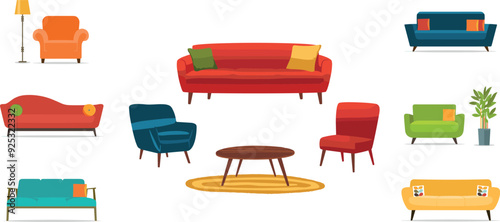 Vector sofa icon set. Colored collection in flat style with long shadows.