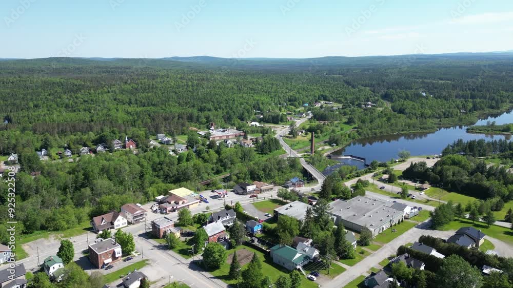 Drone shot over city of Scotstown Quebec Canada