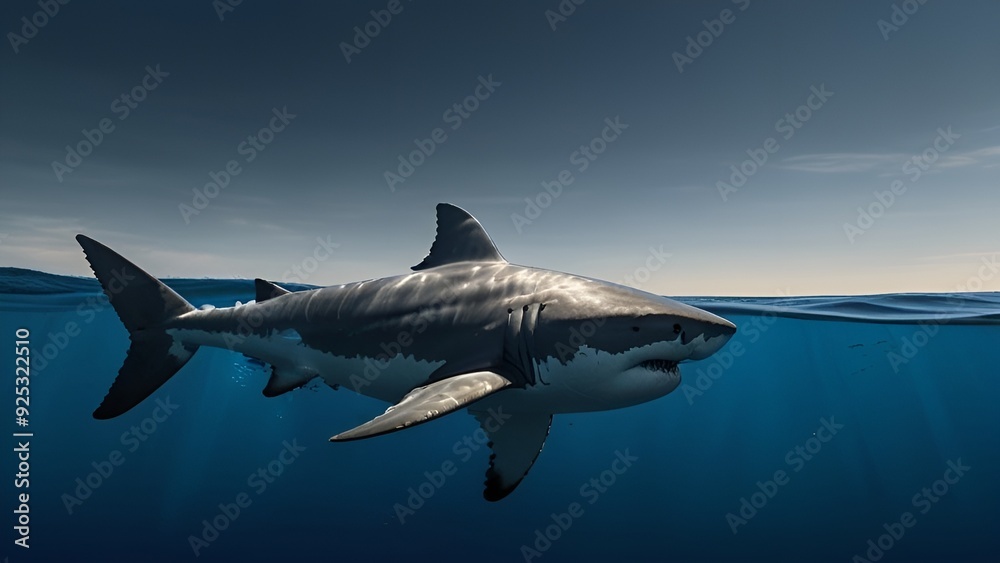 Obraz premium Great white shark swimming in the deep blue ocean