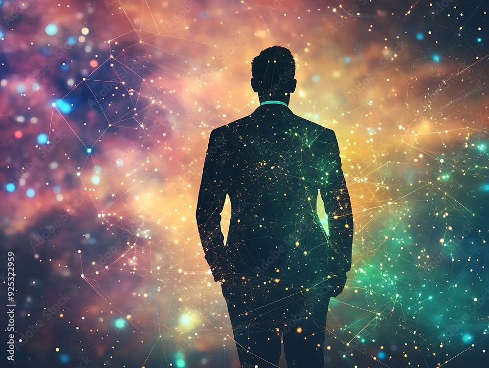 Silhouette of a Man Overlaid with a Network of Glowing Lines and Dots Silhouette of a Man Overlaid with a Network of Glowing Lines and Dots