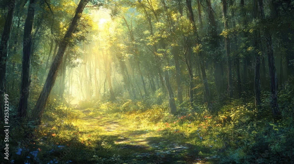 Sunbeams Illuminate a Path Through a Lush Forest Sunbeams Illuminate a Path Through a Lush Forest