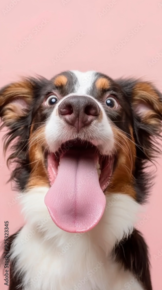 Fototapeta premium Funny and hungry Australian Shepherd licking his lips with his tongue on pink pastel background.