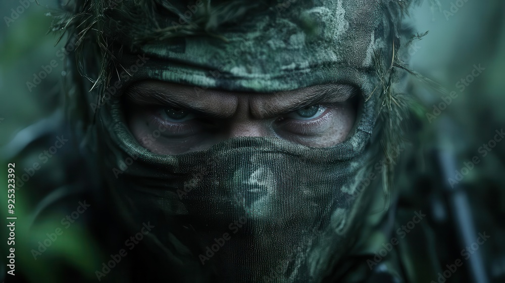 A close-up of a camouflaged soldier, showcasing intense focus and determination in a dense forest environment. A close-up of a camouflaged soldier, showcasing intense focus and determination in a dense forest environment.