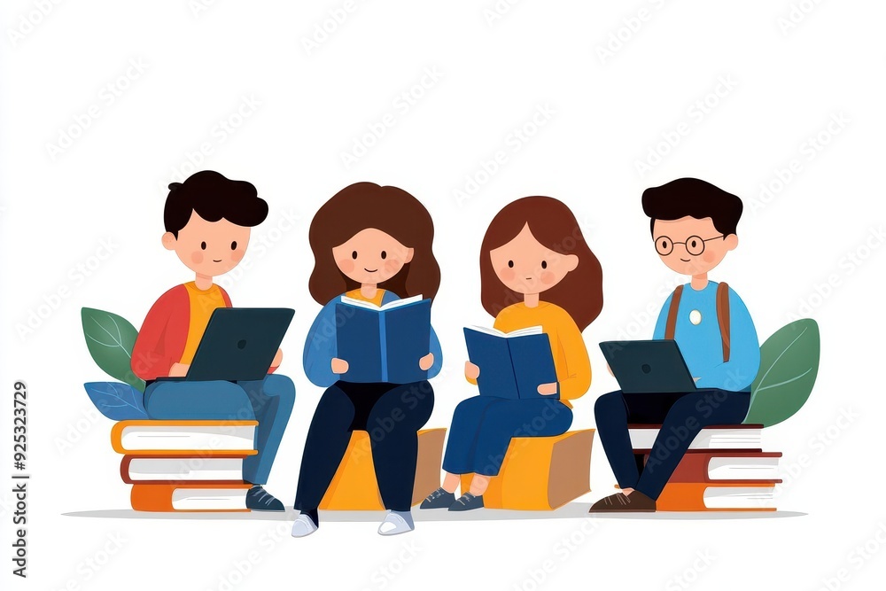 A diverse group of students engaging with books and technology, promoting learning and collaboration in an educational environment. A diverse group of students engaging with books and technology, promoting learning and collaboration in an educational environment.