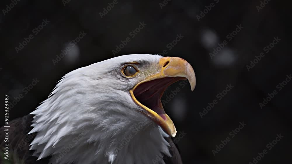 Bald eagle calling out to forest surroundings, followed by a fierce staredown. Bald eagle calling out to forest surroundings, followed by a fierce staredown.