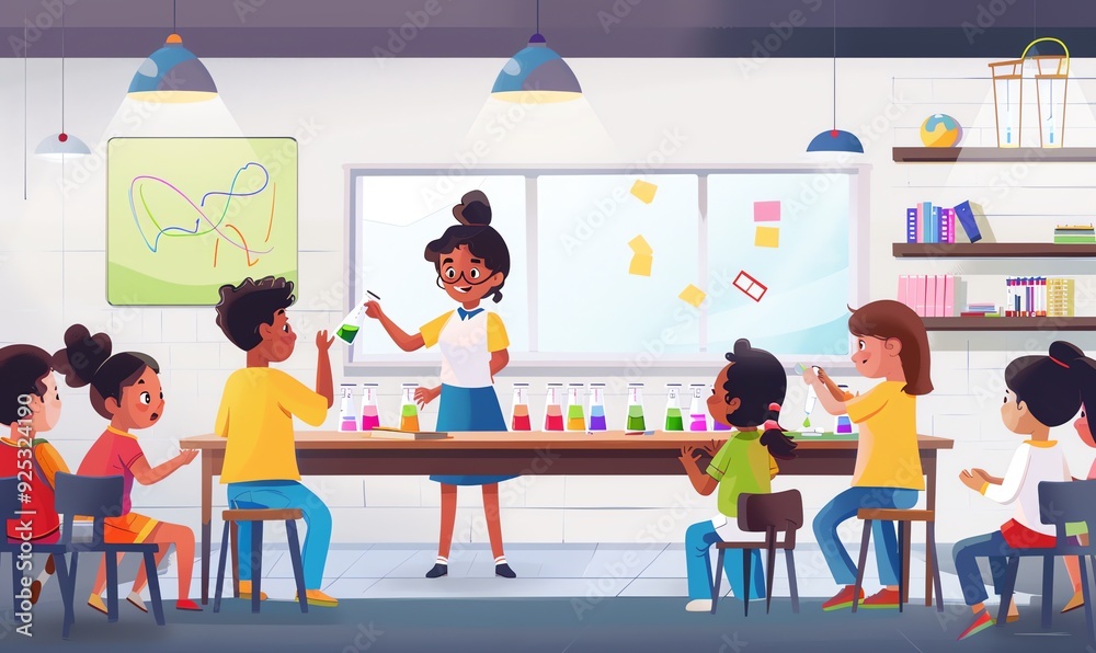 Diverse Group of Children Engaged in Science Experiment in a Colorful Classroom Setting Diverse Group of Children Engaged in Science Experiment in a Colorful Classroom Setting