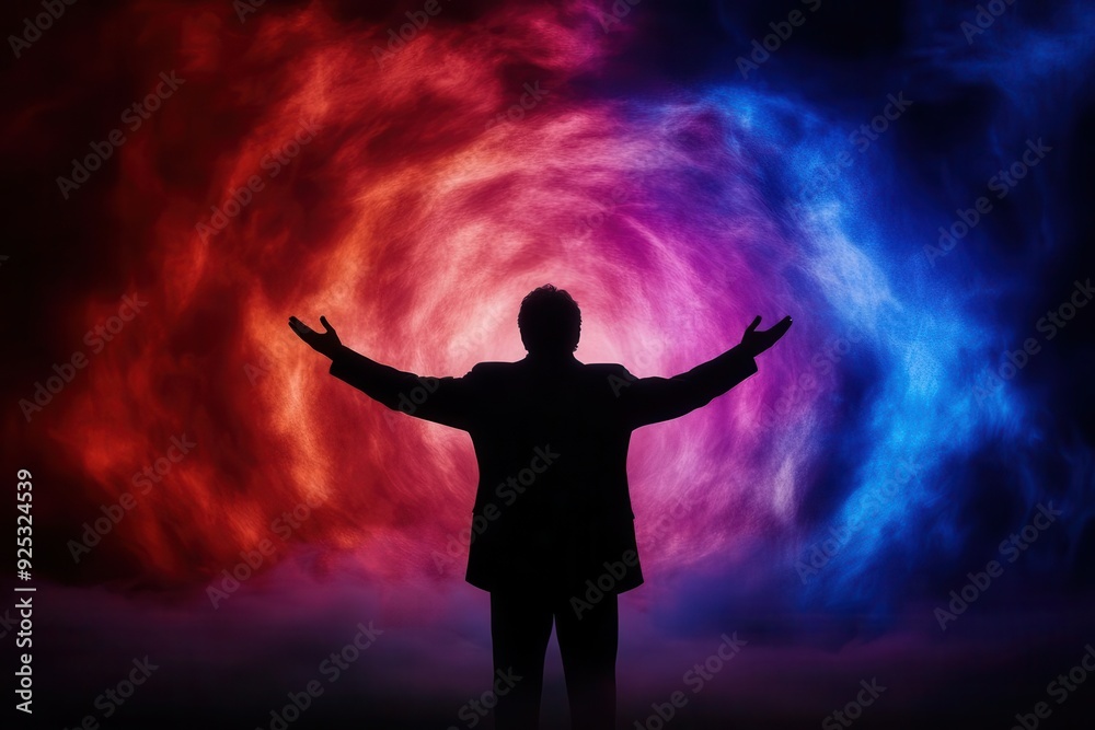 A person stands with arms outstretched, embracing vibrant cosmic colors in a dramatic swirl of red and blue hues. A person stands with arms outstretched, embracing vibrant cosmic colors in a dramatic swirl of red and blue hues.