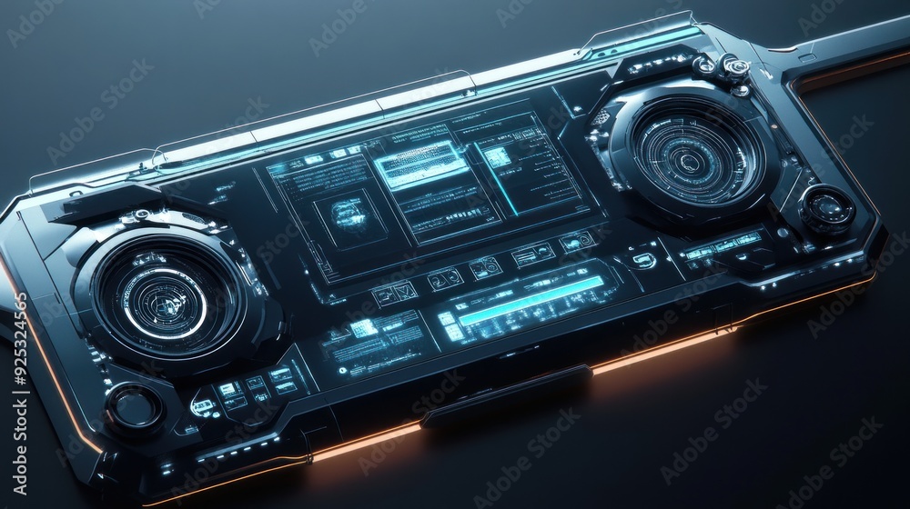 Fototapeta premium Futuristic Technology Interface with Circular Displays and Blue Glowing Details