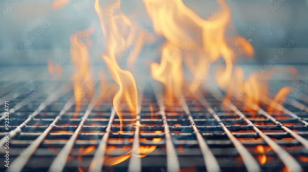 A close up of a grill with a lot of fire on it A close up of a grill with a lot of fire on it