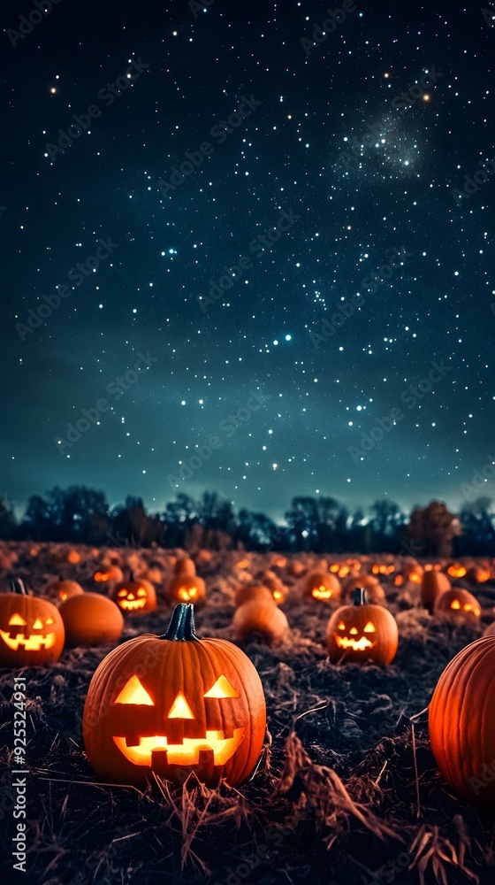 pumpkin patch under a starlit sky, with carved pumpkins glowing with eerie light pumpkin patch under a starlit sky, with carved pumpkins glowing with eerie light