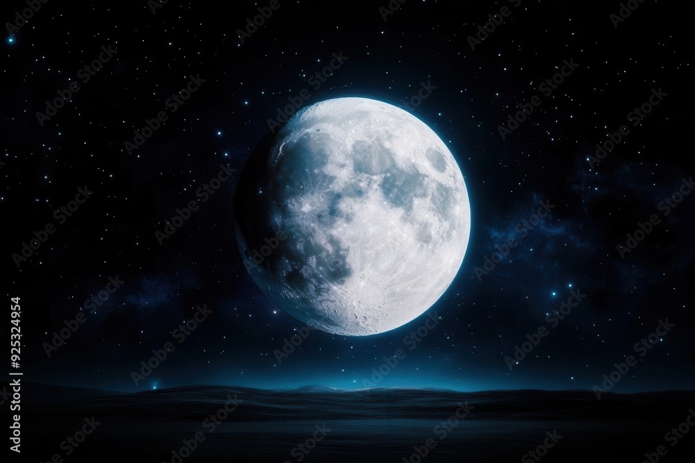 Fototapeta premium A stunning full moon illuminates a serene night sky, surrounded by stars and clouds, creating a tranquil atmosphere.