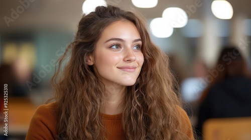 A young woman with beautiful curly hair smiles warmly in a bright, modern cafe environment.