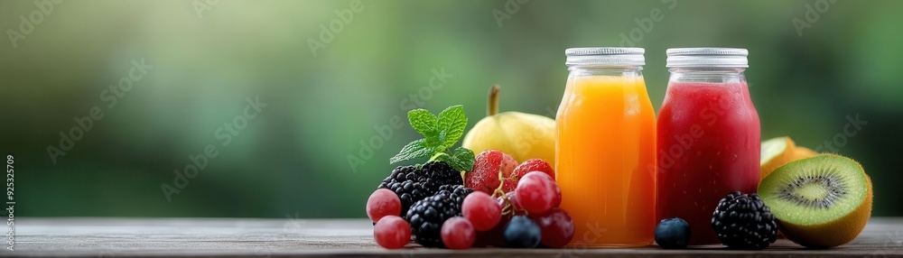 Freshly squeezed fruit juice in glass jars surrounded by colorful fruits, perfect for a healthy and refreshing drink. Freshly squeezed fruit juice in glass jars surrounded by colorful fruits, perfect for a healthy and refreshing drink.