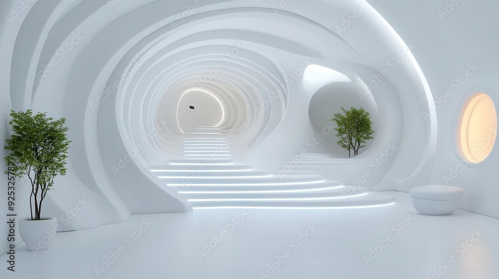Fototapeta premium Futuristic interior featuring sleek, white curves and greenery, creating a serene and modern environment perfect for design inspiration.