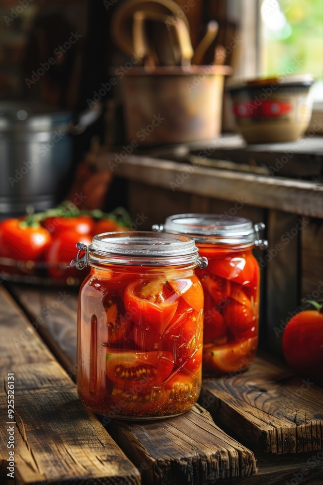 Homemade pickled red peppers in glass jars on a wooden kitchen counter. Canning vegetables at home for long-term food storage. Homemade pickled red peppers in glass jars on a wooden kitchen counter. Canning vegetables at home for long-term food storage.