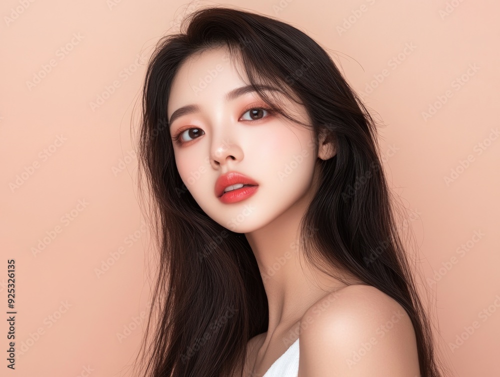 The image is a high-resolution portrait of a young south korean woman with a confident and stylish appearance. The image is a high-resolution portrait of a young south korean woman with a confident and stylish appearance.
