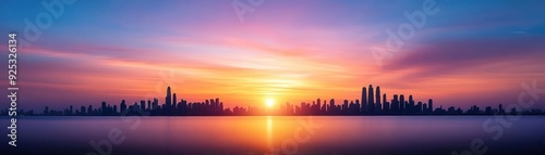 Stunning skyline silhouette against a vibrant sunset, showcasing beautiful colors reflecting on calm water.