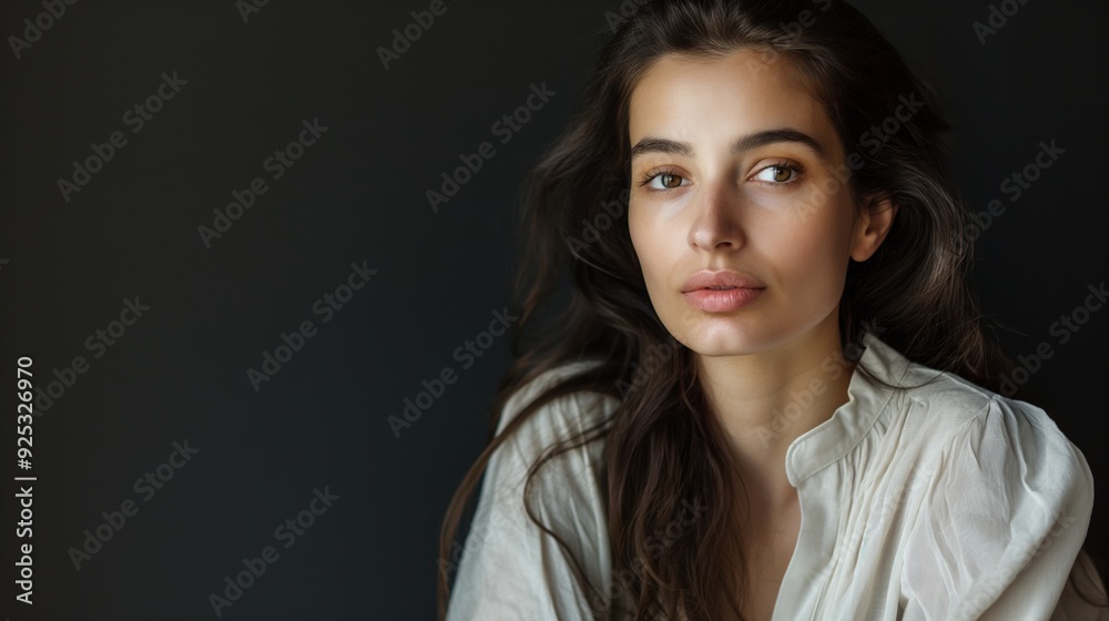 A woman wearing a white shirt sits against a dark background, her expression is relaxed and thoughtful, exuding calm and introspection. A woman wearing a white shirt sits against a dark background, her expression is relaxed and thoughtful, exuding calm and introspection.