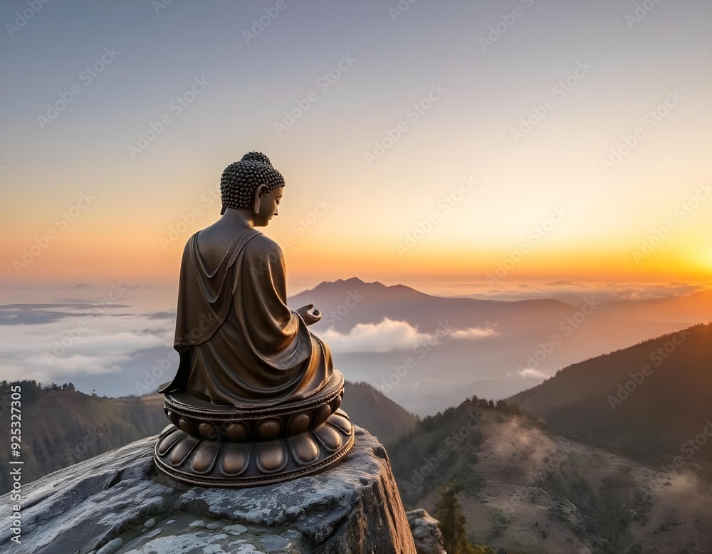 A bronze Buddha statue sitting on a rocky cliff overlooking a mountainous landscape at sunset create with ai A bronze Buddha statue sitting on a rocky cliff overlooking a mountainous landscape at sunset create with ai